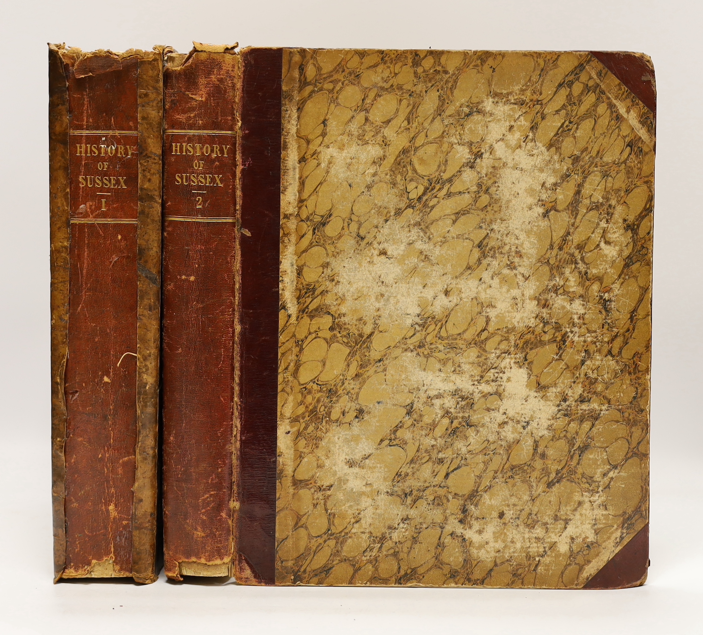 Horsfield, Thomas Walker - The History, Antiquities, and Topography of the County of Sussex, 2 vols, 2 folding maps, 56 copper plates and 80 wood engravings, 4to, publishers maroon half morocco, joints crudely repaired,